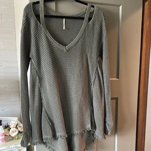 Free People Green Asymmetrical Waffle Knit Long Sleeve sweater